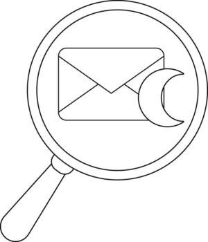 A magnifying glass focuses on an envelope icon accompanied by a crescent moon symbol vector