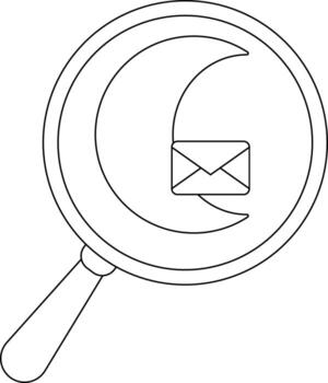 A magnifying glass focuses on an envelope with a crescentshaped feature in the background vector