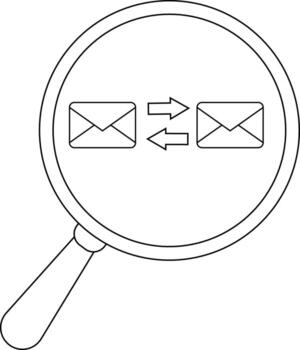 A magnifying glass focuses on two envelopes exchanging information with arrows vector
