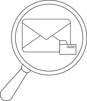 A magnifying glass highlights a stylized email icon with an attached folder depicted with bold lines vector