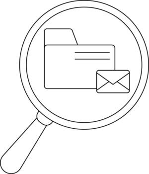 A magnifying glass reveals a folder and an envelope rendered in a minimalist lineart style vector