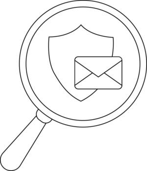 A magnifying glass reveals a shield behind an envelope symbolizing secure email or data protection vector