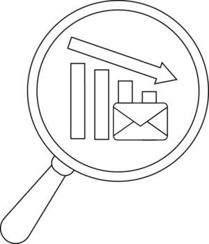 A magnifying glass showing a graph with a downward arrow and an email envelope vector