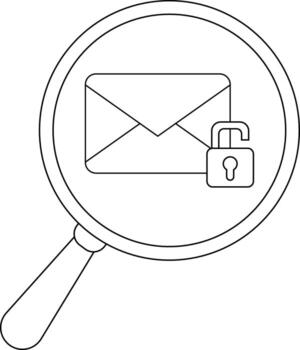An open padlock hangs in front of an envelope within a magnifying glass vector