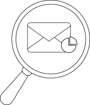 Magnifying glass focuses on an email icon with a pie chart segment vector