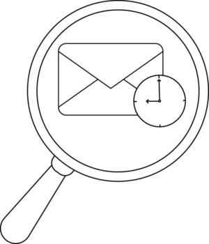 Magnifying glass focuses on an envelope icon next to a clock face vector