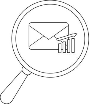 Magnifying glass showing an email icon with an ascending bar graph and arrow symbolizing email marketing analysis vector