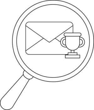 Outline icon magnifying glass focusing on a mail envelope and trophy vector