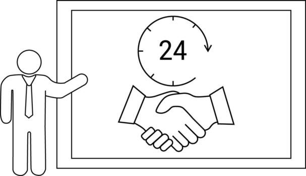 An outlined graphic shows a person next to a framed image of a handshake under a 24hour clock symbol vector
