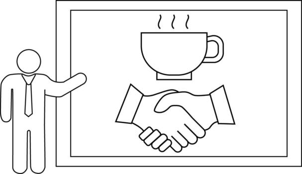 A line drawing shows a man pointing at a framed image of a handshake and a coffee cup vector
