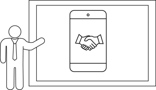 Line art shows a person pointing to a phone with a handshake icon inside a frame vector