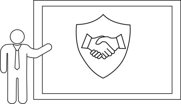 Line drawing A man gestures toward a frame with a handshake shield symbol vector
