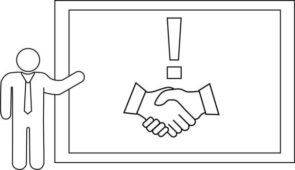 Outline of a person presenting a whiteboard with a handshake and exclamation point vector