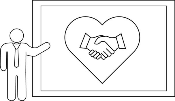 Person pointing to framed heart with handshake simplistic line art vector