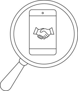 A magnifying glass focuses on a smartphone displaying a handshake vector