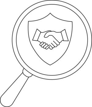 Black line art of a magnifying glass focusing on a shield with a handshake vector
