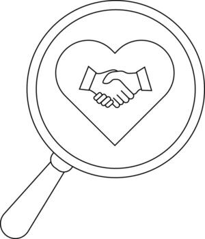 Outlined magnifying glass over a heart with a handshake inside vector