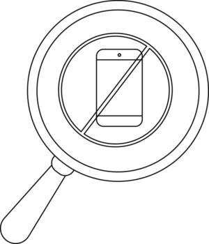 Magnifying glass over no phone symbol smartphone crossed out within circle vector