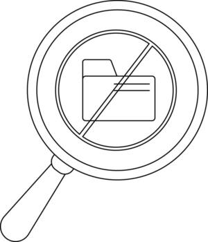 A magnifying glass showing a folder icon crossed out with a line vector