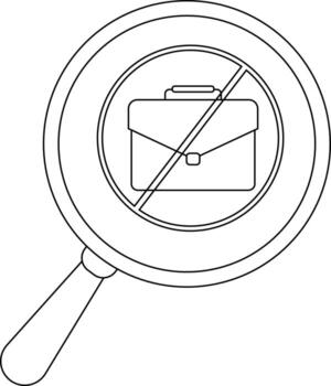 A magnifying glass focuses on a briefcase crossed out by a diagonal line indicating restriction or search vector