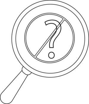 A magnifying glass highlighting a question mark crossed out by a diagonal line vector
