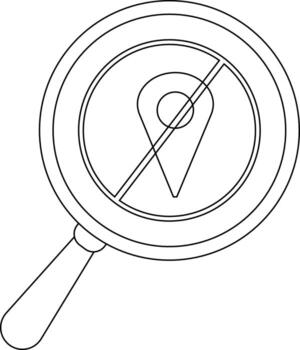A magnifying glass focuses on a location marker crossed out with a line vector