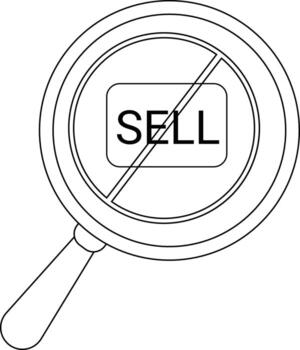 Magnifying glass over SELL box crossed out by a diagonal line creating a prohibition symbol vector