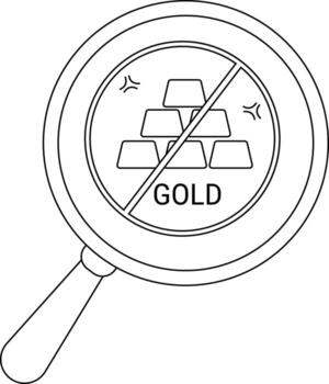A magnifying glass focuses on a no gold symbol featuring stacked gold bars with a diagonal line through them vector