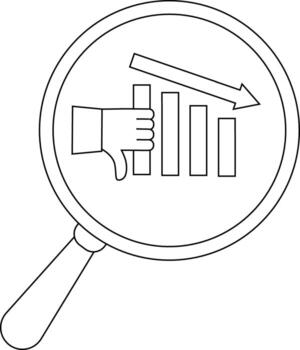 A magnifying glass focuses on a declining bar graph and a thumbs down gesture vector