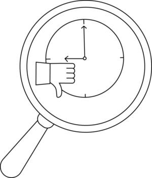 Magnifying glass view of a clock face showing thumbs down hand signal vector
