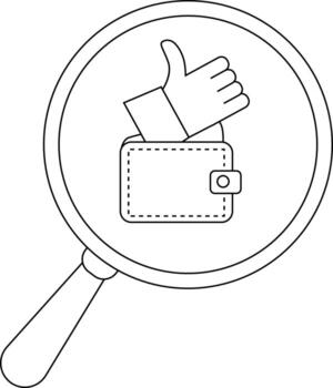 Magnifying glass focuses on a wallet with a thumbsup gesture emerging from it vector