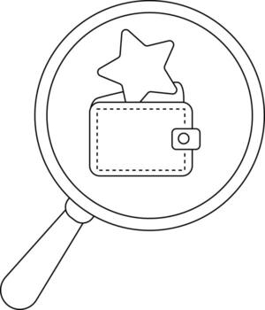 Magnifying glass focuses on a wallet with a star emerging from its top vector