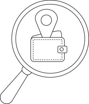 A magnifying glass focuses on a wallet topped with a location pin icon vector