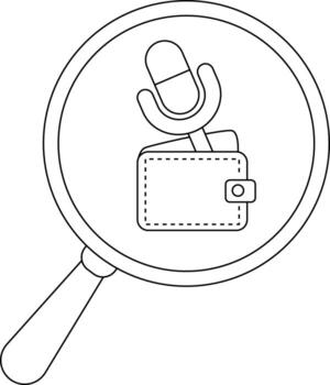 Magnifying glass focuses on a wallet and microphone both outlined in black vector