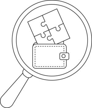 Magnifying glass examines a wallet with puzzle pieces resting on top conveying scrutiny of financial issues vector