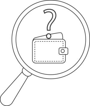 A magnifying glass focuses on a wallet topped with a question mark vector