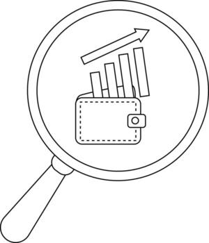 Magnifying glass focusing on a wallet with a rising bar graph and upward arrow vector