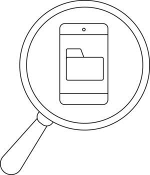 A magnifying glass enlarges a phone screen displaying a file folder icon vector