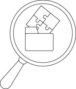 A magnifying glass focuses on a file folder topped with two puzzle pieces vector