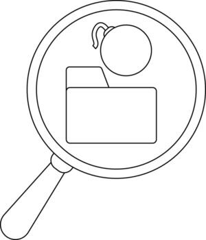 A magnifying glass focuses on a folder and a bomb outline suggesting a search for dangerous files vector