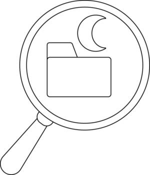 A magnifying glass focuses on a folder and a crescent moon depicted in a simple clean line drawing vector