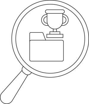 Line art of a magnifying glass revealing a file folder topped with a trophy icon vector