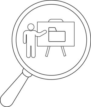 Magnified view of a stick figure pointing at a folder icon on a whiteboard supported by two legs vector