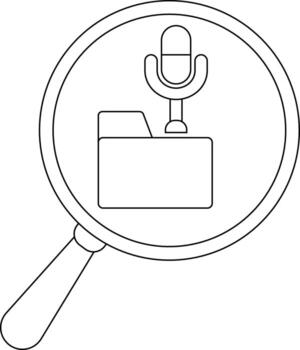 Magnifying glass focusing on a folder with a microphone above it all in a clear outline style vector