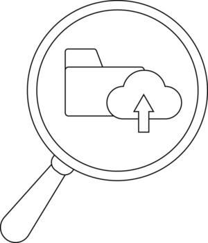 Magnifying glass over a folder and cloud with an up arrow suggests data upload or cloudbased search vector