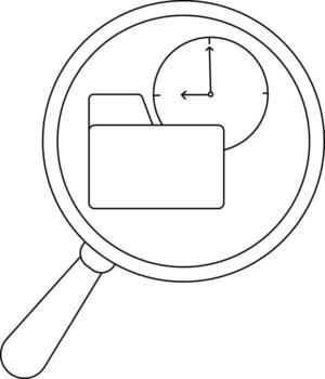 Magnifying glass revealing a clock and folder emphasizing search time and organization vector