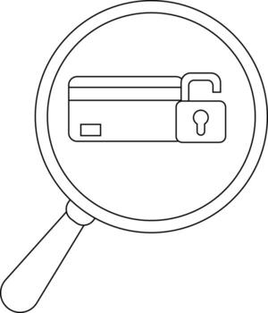 A credit card with an open padlock viewed through a magnifying glass vector