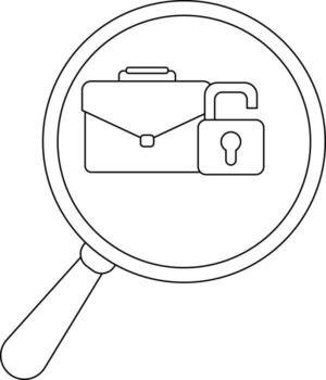 A magnifying glass focuses on a briefcase next to an open padlock vector