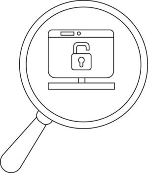 A magnifying glass focuses on a computer displaying an open padlock icon vector