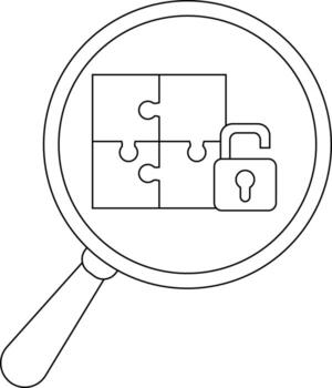 un aumentador vaso se enfoca en un cuatro piezas rompecabezas siguiente a un abierto candado vector